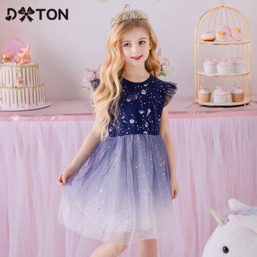 DXTON 2021 Summer Kids Dress For Girls Flying Sleeve Children Dress Starry Printed Princess Tulle Dress Toddler Cotton Vestidos
