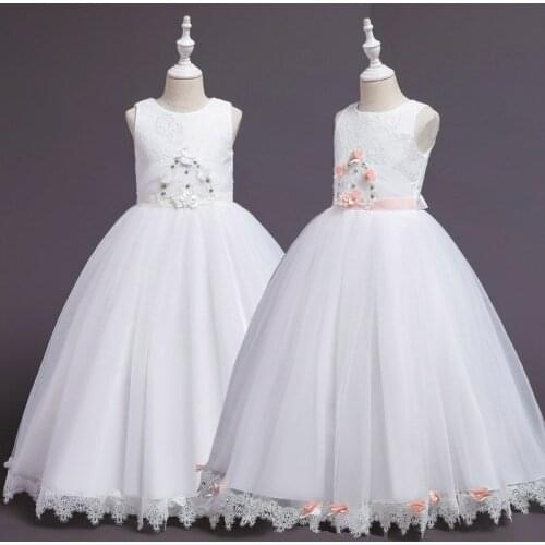Girls Wedding Birthday Party Long Dress Princess kids White Lace frocks designs robe fille vestidos Dresses For 6 8 10 12 14 Yrs