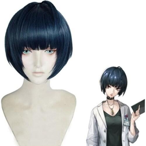 P5 Persona 5 Tae Takemi Short Blue Black Mixed Heat Resistant Hair Cosplay Costume Wig + Wig Cap