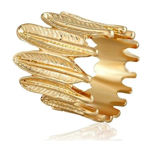 Fashion Simple White Gold Color Feather Pattern Statement Chunky Ring for Men and Women Punk Trend Ring