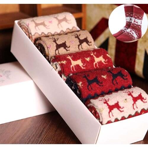 5/4/3 Pcs Unisex Christmas Warm Socks Cute Deer Print Pattern Cotton Wool Elastic Xmas New Year Party Mid Length Sleep Sock Gift