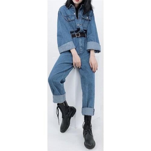 New Spring Slim Women Denim Jumpsuit Retro Autumn Lady High Waist Cargo Pants Boy Friend Jeans Outwear Straight Trousers WZ1375