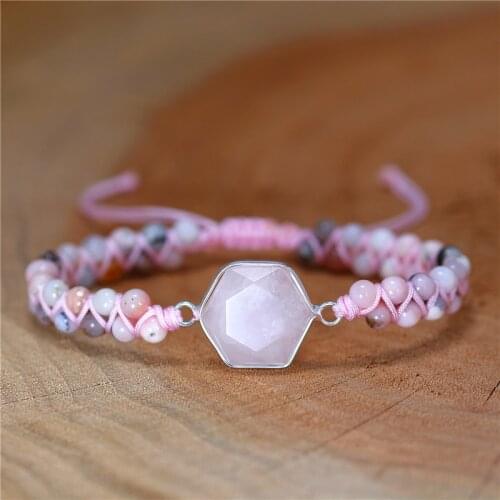 Gild Hexagon Rose Quartz Cham Pink Opal Beads Braided Bracelet Gemstone Boho Bracelet Girl Jewelry Gift For Her Dropshipping