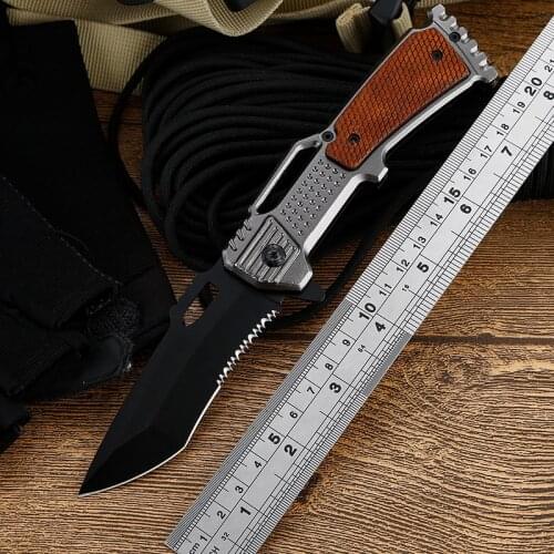 8.46'' Folding Knife Wood Handle Survival Tactical Pocket Knife Outdoor Camping Hiking Hunting Knives for Self-defense EDC Tool