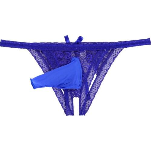 Men Sissy Bulge Pouch Crotchless Lace Thongs Briefs Bowknot Back See Through Hollow Out T-back G-string Male Sexy Nightwear