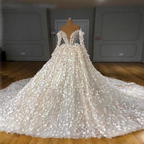 3D Appliques Off The Shoulder Wedding Dresses Long Sleeves Lace Up Back Bridal Gowns Custom Made Wedding Vestidos 2021