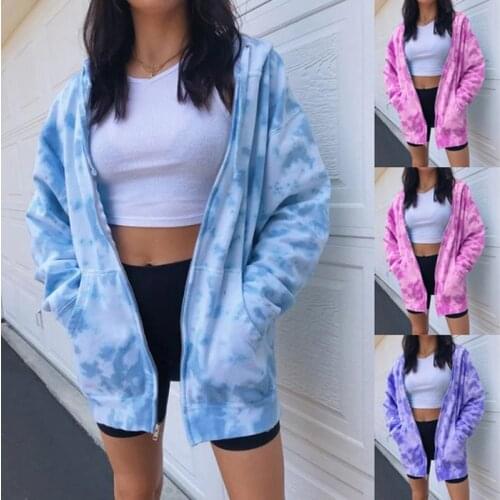 Tie Dye Printed Womens Coat Summer Fashion Zipper Jacket Streetwear Pockets Hoodie Coat Oversize Loose Jacket