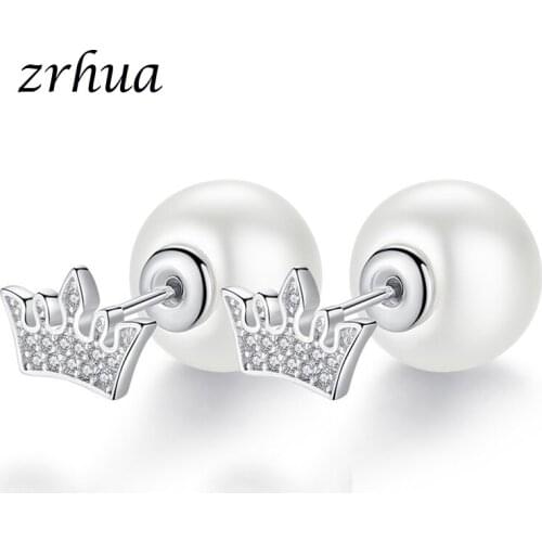 ZRHUA Hot Sale 10mm Pearl Earrings for Women 925 Sterling Silver Wedding Party Stud Earrings Female Bijoux Earings Wholesale