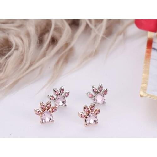 Hot Sale Cute Pink Rhinestone Cat Paw Gold Silver Color Stud Earrings For Women Girls Ear Jewelry Birthday Gifts