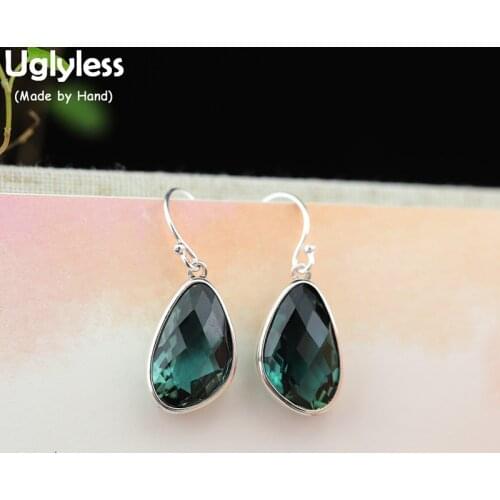Uglyless Faceted Water Drop Crystal Earrings Women Noble Green Crystals Dangle Earrings Fashion 925 Silver Brincos Ethnic E1667