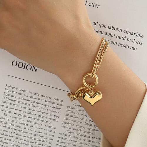 Winter Hot Sale Big Heart Charm Chunky Chain Bracelet For Women Stainless Steel Gold Bangle Bracelet Punk Hot Sale Fashion Women