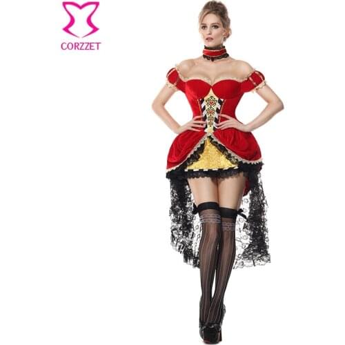 Deluxe Red Alice In Wonderland Queen Of Hearts Costume Halloween Carnival Cosplay Victorian Fancy Dress Sexy Costumes For Women