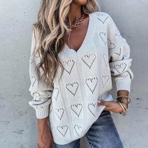 Women Autumn Winter Love Heart Hollow Crochet Sweater Loose Knitwear Elegant Top