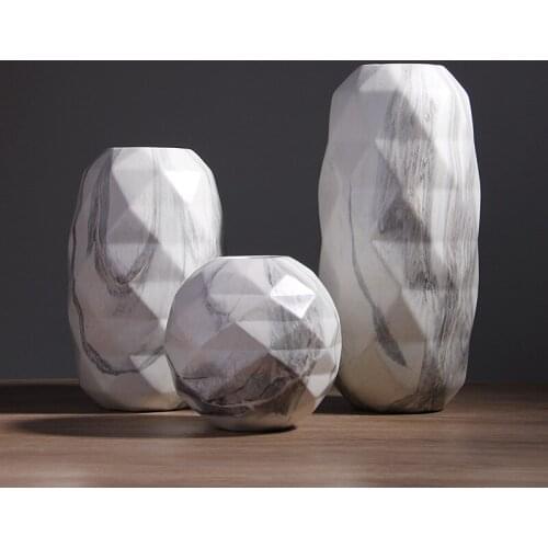 1pc Modern White Marbled Vase Geometric Shaped White Ceramic Flower Vase Tabletop Holder Home Office Decoration, 16/26/35cm