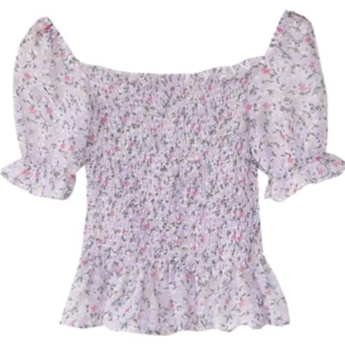 2021 Summer Chiffon Blouse New Floral Print Slash Neck Short Tops Ruffles Elegant Elastic Casual Shirts Blusas Mujer