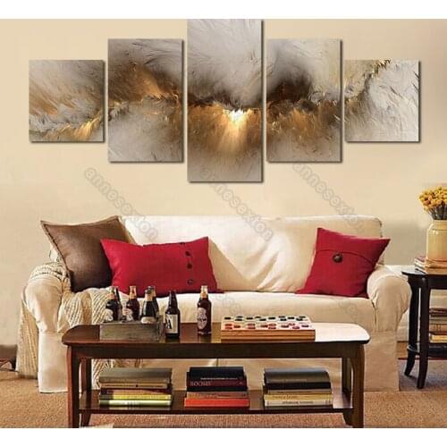 5 Pieces Canvas Painting Poster Elegant Picture White Gray Furs Yellow Light for Living Rooms Bedroom Gallery Wall Decoration