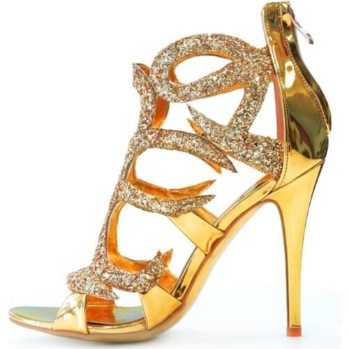 Gold Shoes Crystal Cage Stiletto Heels Sandals Luxury Shoes Women Designers Hollow Open Toe High Heel Zip Up Glitter Booties