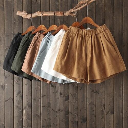 2019 new summer cotton and linen short pants mori girl loose literary wide leg pants elastic waist casual short pants women