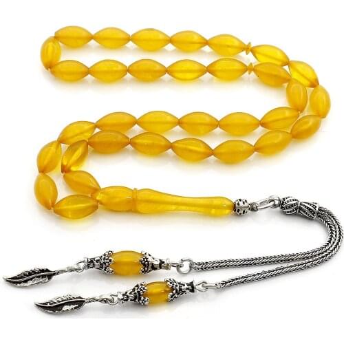 925 Sterling Silver Handmade Rosary with Amber and Barley Cutting Natural Stone Beads Middle East Prayer Islamic Muslim Tasbih
