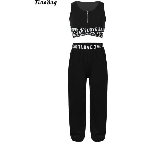 Kids 4-14 Girls Gymnastics Tracksuits Letter Zipper O-neck Outfit Tank Crop Top with Pants Set For Sports Yoga Workout Fitness