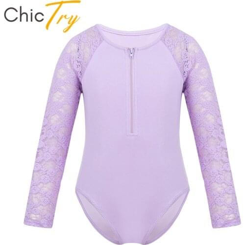 ChicTry Kids Girls Floral Lace Long Raglan Sleeve Ballet Leotard Dance Costume Children Round Neck Gymnastics Bodysuit Dancewear