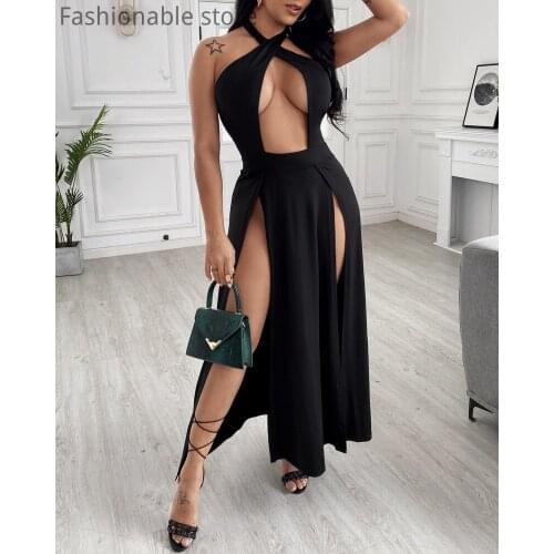Women Sexy Halter Backless Crisscross Design Cutout Sleeveless Side Slit Dress Plus Size