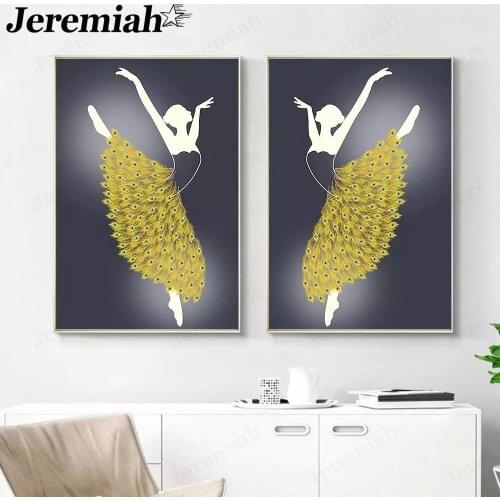 Elegant Dancing Girl Canvas Poster Peacock Feather Skirt Painting Wall Art Nordic Room Living Room Decoration Wall Picture