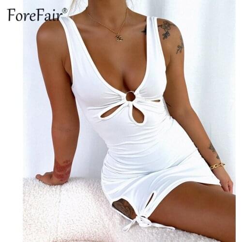Forefair Summer V Neck Bodycon Mini Dress Women White Hollow Out Backless Black Sleeveless Beach Y2K Sexy Party Dresses 2021