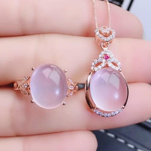 Per jewelry Natural real pink rose quartz oval jewelry set 1pc ring 1pc pendant 4.5ct*2pcs gemstone 925 sterling silver J204917