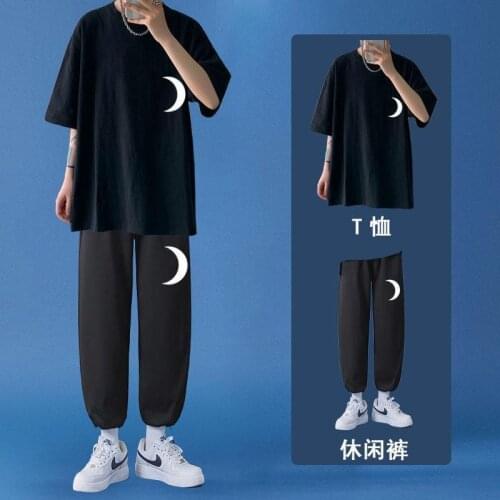Mens set summer new Korean cool printed Casual suit youth short-sleeve T-shirt men oversized pants fashion male clothing