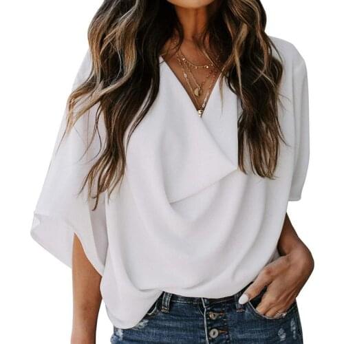 Summer Loose Folds 3/4 Sleeve Chiffon Women Blouse V-neck Solid Large Size 3XL Ladies Blouses Fashion Summer Casual Elegant Tops
