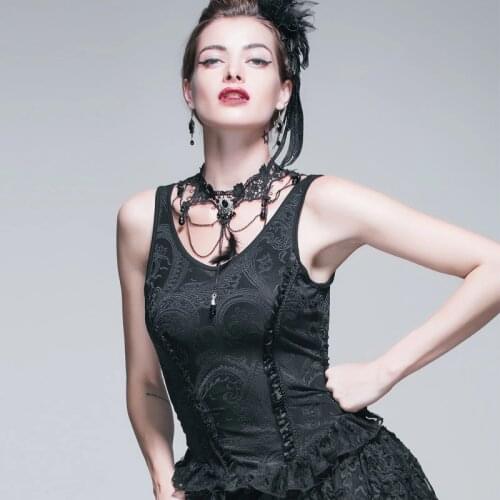Devil Fashion Gothic Womens Vests Jacquard Knitting V-neck Vests Black Roses Lace Tank Tops