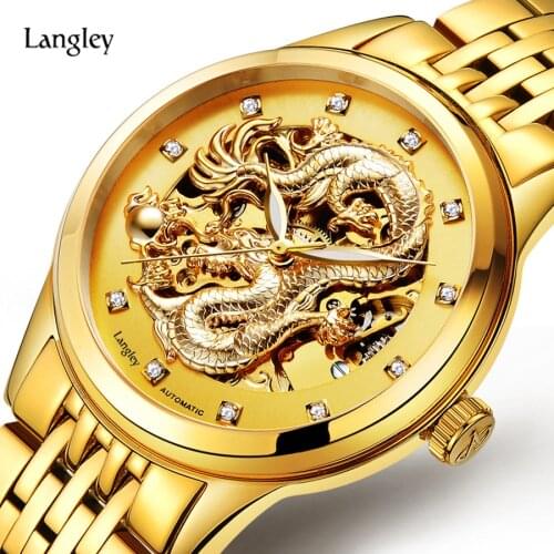 LANGLEY Luxury Automatic Watch Mechanical Wristwatches Genuine Leather Stainless Steel Band Skeleton Mens Watch Waterproof