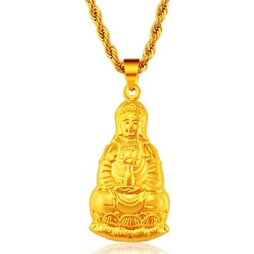 Chinese Style Mens Pendant 24K Gold Hollow Blessing AvalokitesvaraBodhisattva Necklace Pendant