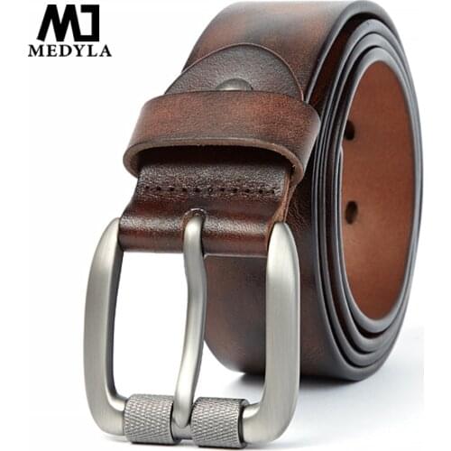 MEDYLA Genuine Leather Mens Belt Pure Cowhide Alloy Pin Buckle Belt Tanned Washed Retro Craft Belt Man Christmas Gift