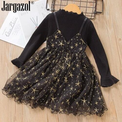 New Fashion Kids Girl Long Sleeve Dress Black Color Star Princess Ball Gown Party Dress for Kids Children Clothes Elegant Style
