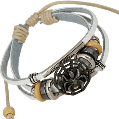 Punk Fashion Black Spider Charm Adjustable Bracelet Alloy Beads White Genuine Leather Wrap Bangle Wristbands Hiphop Rock Jewelry