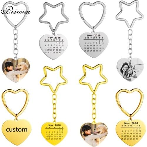 Personalized Custom Photo Calendar Keychain Stainless Steel Heart Ring Printed Text Picture Key Chain For Men Women Xmas Jewelry
