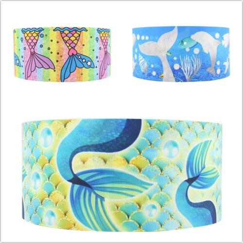 Q&N ribbon 50yards Mermaid Fish cartoon printed grosgrain FOE Ribbon Accessory hairbow Christmas Halloween decoration