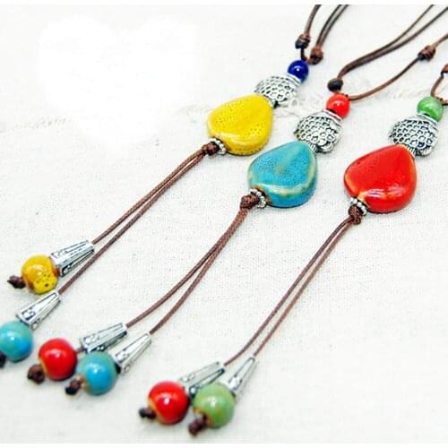 Retro Ethnic style Handmade ceramic Bead Alloy fish pendant necklace N269