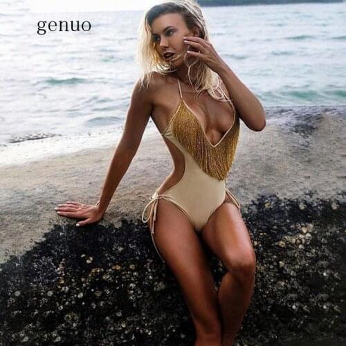 Sexy One Piece Swimsuit Beach Wear Tassel Solid Swimming Suit for Women Clothes Bathing Swimwear Bikini Woman Plus Size XL