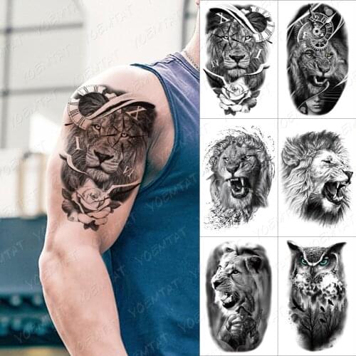 Gear Rose Lione Owl Temporary Tattoo Sticker For Men Women Rose Tiger Waterproof Fake Henna Wolf Tiger Animal Body Art Tatoos