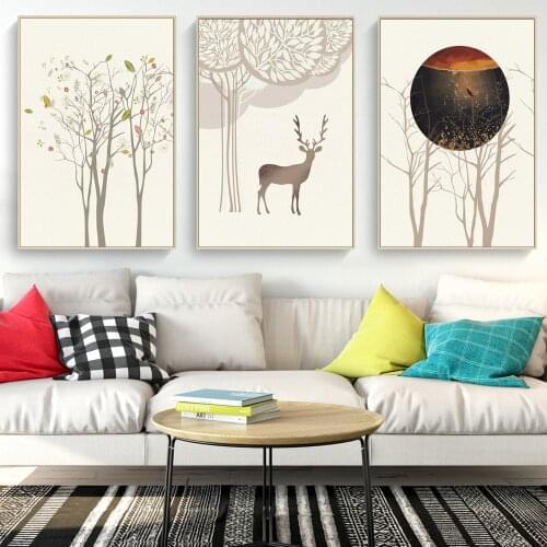 Nordic Fantastic Forest Deer Silhouette Tree Canvas Painting Poster Elk Wall Picture Home Living Room Sofa Background Decoration