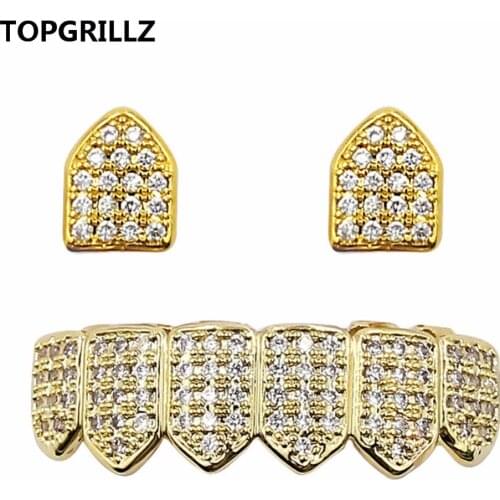 TOPGRILLZ Hip Hop Jewelry New Cuatom Fit Gold/Silver Color All Iced Out Copper Micro Pave CZ Stone Top&Bottom Teeth Grills Gifts