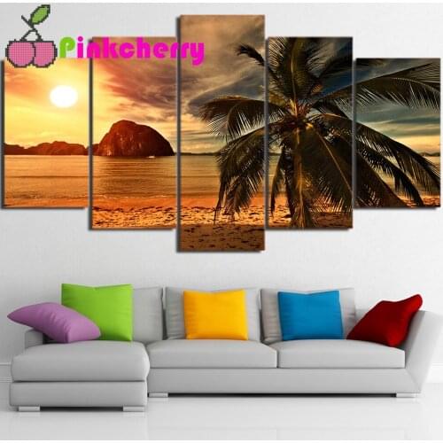 Tropical Beach Palm Trees Sunset diamond painting,full,square,round diamond embroidery 5 Panel,mosaic diamond diy handwork k1251
