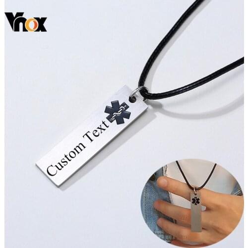 Vnox Personalize Engrave Medical Alert ID Bar Pendant Necklaces Custom Emergency Reminder Jewelry