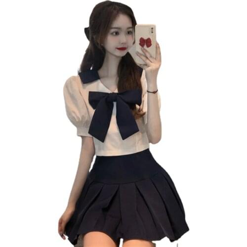 Japanese JK Sweet Girl 2 Piece Skirt Sets Cute Bowknot Slim Short Shirt Crop Top&High Waist Pleated Mini Skirt 2pc Dress Outfits