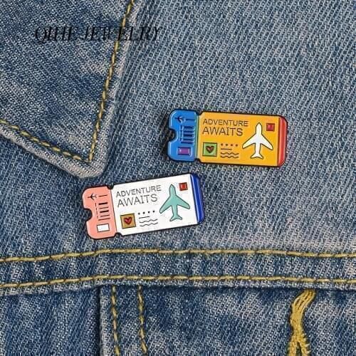 QIHE JEWELRY Adventure Air Tickets Pins Couple Lover Enamel Pins Cute Brooches Badges Denim Clothes Bag Pins Gifts for Friends