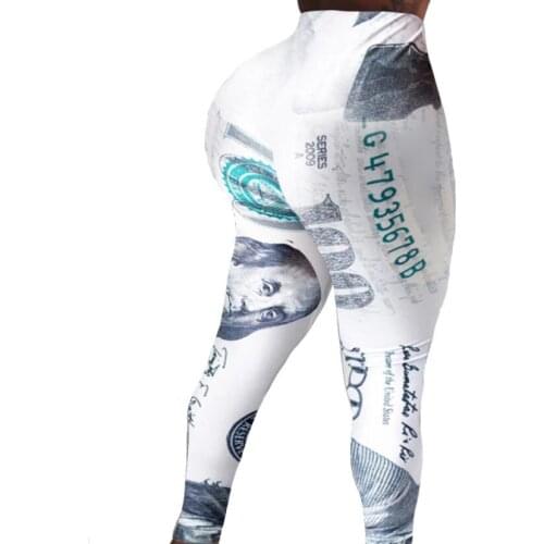 Womens Elastic Waist Slimming Workout Leggings Dollars Printed Skinny Sports Pants Female Clothing