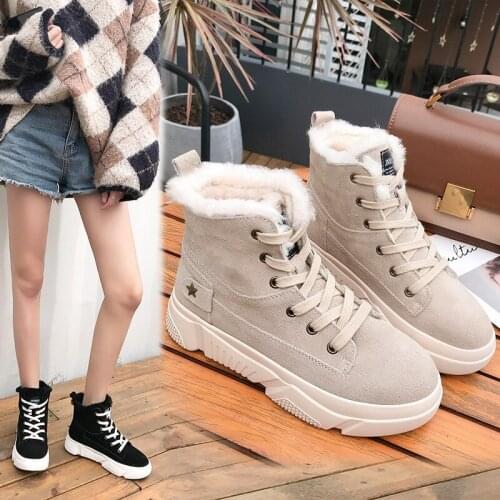2019 New Winter Boots Women Solid Lace-Up Snow Boots Shoes High Top Suede botas feminina stivali donna PU Tenis Women Sneakers